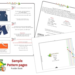 May include: Sample pattern pages for Fuddie Duds pants. The pages include instructions for sewing the pants, a fabric requirements list, and a pattern piece for cutting out the pants. The pattern piece is labeled "Pants *A* Cut 2 on fabric fold".