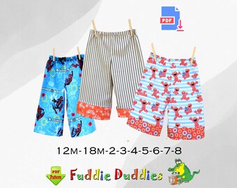 Cartamodello PDF per pigiama per bambini, cartamodello per pantaloni per bambini piccoli e maschietti. Pantaloncini per bambini da 12 a 8 mesi. Download immediato. Fuddie Duds