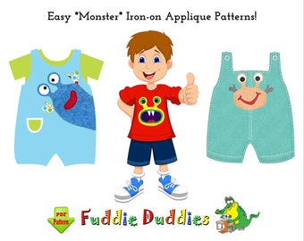 4 Unique Fun TEXTURED Iron-on Applique PDF Patterns for Baby Rompers & Toddler Tees! Easy to make with Terry Cloth or Woven Cotton Fabrics.