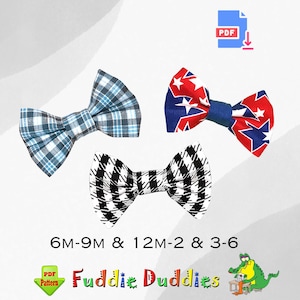 May include: Three bow tie patterns for baby boys. The patterns are blue plaid, black and white stripes, and red, white, and blue stars. The text "6M-9M & 12M-2 & 3-6" and "Fuddie Duddies" are visible.