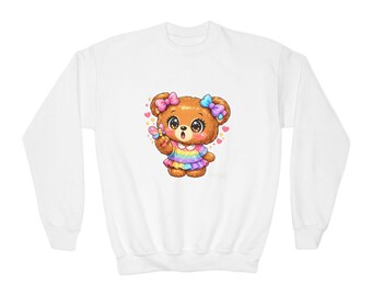 Kawaii Rainbow Teddy Bear Youth Crewneck Sweatshirt | Cute Cartoon Bear