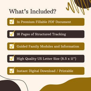 May include: A digital download graphic with the text "What's Included?" lists features: a premium fillable PDF document, 16 pages of structured tracking, guided family modules, and high-quality US letter size (8.5 x 11") with instant digital download.