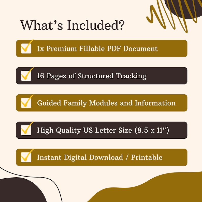 May include: A digital download graphic with the text "What's Included?" lists features: a premium fillable PDF document, 16 pages of structured tracking, guided family modules, and high-quality US letter size (8.5 x 11") with instant digital download.