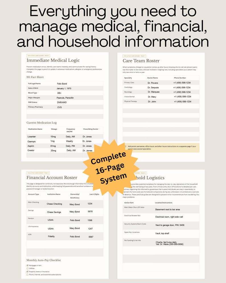 May include: A 16-page system for managing medical, financial, and household information. Includes sections for medical history, care team contacts, financial accounts, and household logistics. The text includes the phrase "Complete 16-Page System".