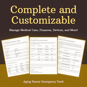 May include: Three-page document set titled "Complete and Customizable" for managing medical care, finances, and devices. The pages include sections for medical history, financial accounts, and device login information. The text is in black and the background is a dark brown.