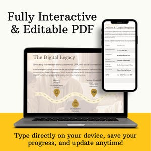 May include: A laptop and smartphone display a digital legacy document. The laptop screen shows "The Digital Legacy" with instructions for managing digital assets. The phone displays a "Device & Login Registry" with login details. Text reads "Fully Interactive & Editable PDF."