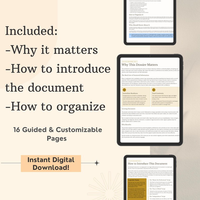 May include: Digital download product with the text "Included: -Why it matters -How to introduce the document -How to organize". The product includes 16 guided and customizable pages. The text "Instant Digital Download!" is also visible.