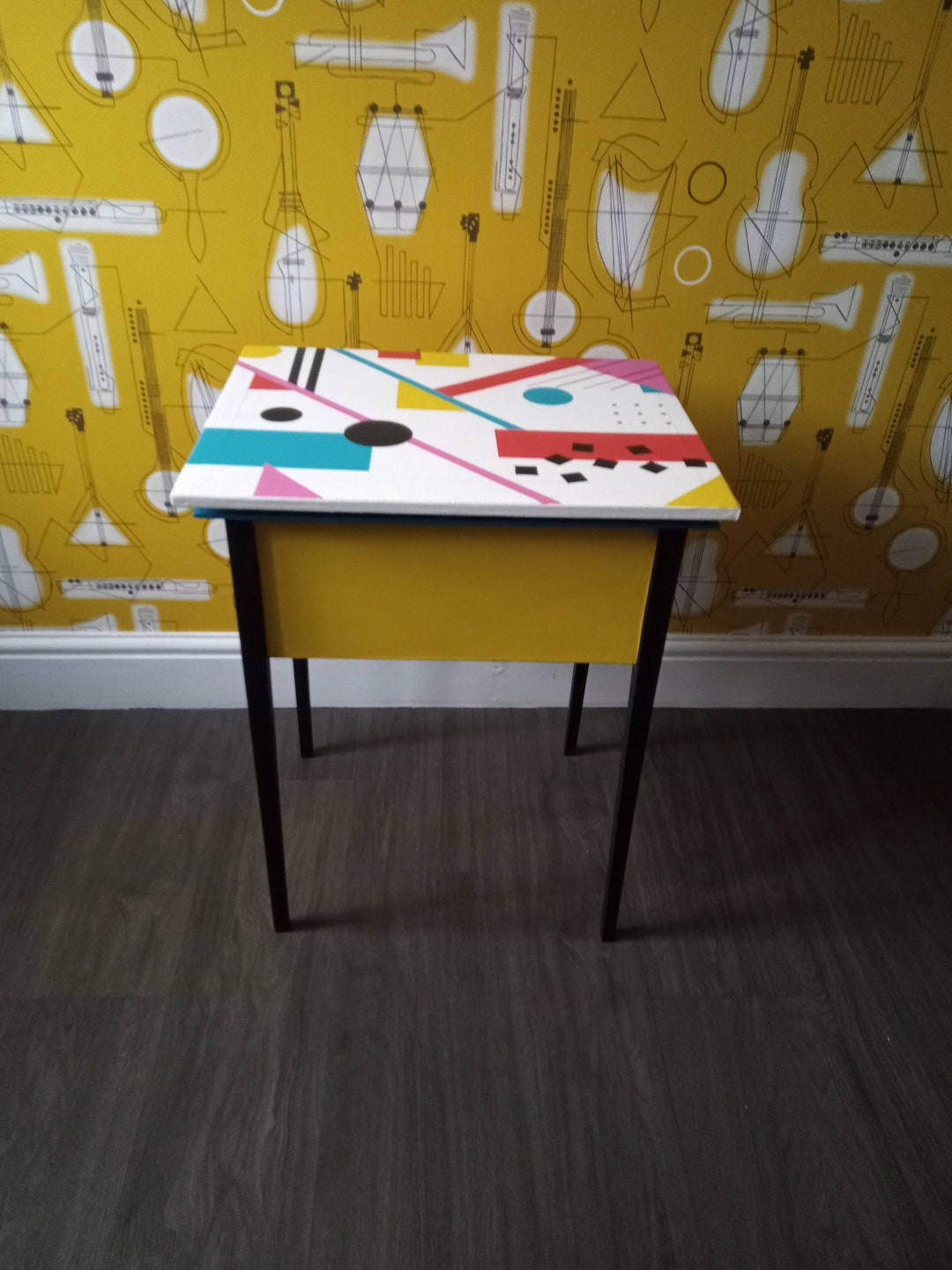 Vintage Wooden Sewing Table Storage Painted Box 1980s Memphis Style