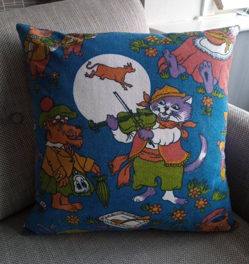 Cushion Made With Vintage 1970s Colourful Fabric of Nursery Rhymes