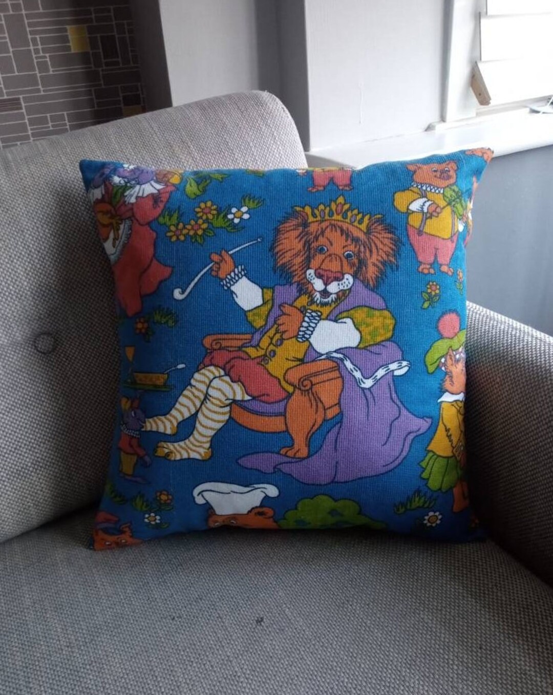 Cushion Made With Vintage 1970s Colourful Fabric of Nursery Rhymes