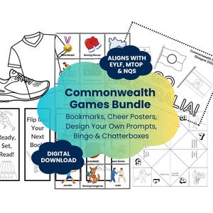 Op de afbeelding: Een digitale Commonwealth Games-bundel met zwart-wit lijntekeningen van sportuitrusting, een hardloopschoen, een t-shirt, bladwijzers, bingokaarten en een happertje. De tekst bevat Commonwealth Games Glasgow 2026.