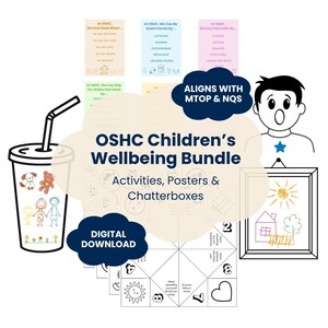 Op de afbeelding: Een illustratie die de OSHC Children's Wellbeing Bundle promoot. De afbeelding bevat een cartoon van een kind, een drinkbeker, posters en kletskousen. De tekst luidt "OSHC Children's Wellbeing Bundle Activities, Posters & Chatterboxes. Digitale download."