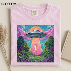 Könnte beinhalten: Ein hellrosa T-Shirt mit Rundhalsausschnitt und einem Grafikdruck, der eine orangefarbene Katze zeigt, die von einem metallischen UFO in einer lebendigen Waldlandschaft mit rosa und blauen Wolken entführt wird. Innen befindet sich ein Comfort Colors Etikett.