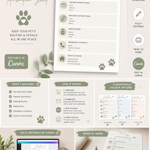 May include: A digital dog sitter information sheet template with a paw print design. The template includes sections for pet details, feeding instructions, walking routine, medications, and emergency contacts. It is fully editable in Canva and available for instant download.