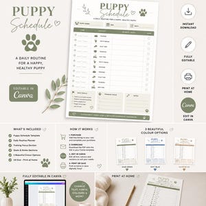 May include: A printable puppy schedule template with a daily routine planner, training focus section, and goals and notes sections. The design includes paw prints and the text "Puppy Schedule" and "A Daily Routine for a Happy, Healthy Puppy". Includes 3 color options.