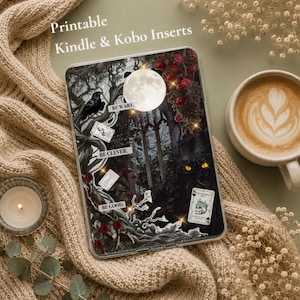 May include: A rectangular Kindle and Kobo e-reader insert featuring a dark gothic illustration of a full moon, a black raven, red roses, and a playing card with a skull. The text reads: Printable Kindle & Kobo Inserts, BE WARY, BE CLEVER, BE GOOD.