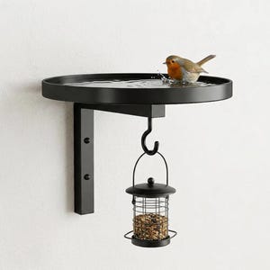 Puede incluir: Un bebedero y comedero para pájaros de metal negro fijado a una pared. Un pequeño pájaro está en el bebedero. El comedero es una pequeña jaula llena de semillas, colgando debajo.