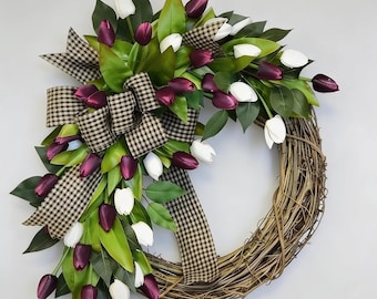 Purple White Tulip Wreath, Grapevine Farmhouse Spring Floral Door Decoration