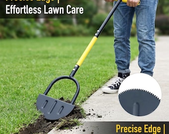 May include: A lawn edging tool with a black and yellow handle and a semi-circular blade. The tool is being used to cut a neat edge along a sidewalk. The text "Precise Edge | Effortless Lawn Care" is displayed.