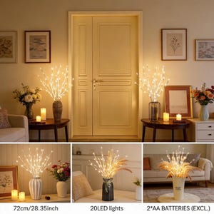May include: Decorative LED branch lights in vases, with a warm white glow. The branches are 28.35 inches (72cm) tall and are displayed in various vases. The image also shows candles and floral arrangements, creating a cozy ambiance.