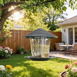 May include: A hanging bird feeder with a dark green, pagoda-style roof and a clear, cylindrical seed container. The feeder is suspended from a tree branch and has a black tray at the bottom. The background includes a lush green lawn and a wooden fence.