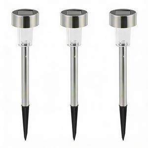 May include: Three solar-powered garden lights with a modern design. Each light features a silver-colored top with a black solar panel, a clear plastic light housing, and a silver pole. The base is a black stake for easy ground placement.