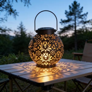 May include: A spherical metal lantern with a dark bronze finish and intricate laser-cut floral patterns. The lantern features a top handle and emits a warm, glowing light from within, casting detailed floral shadows onto the surface below it.