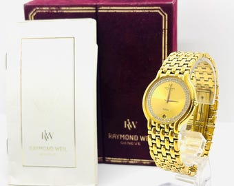 Zegarek męski kwarcowy Raymond Weil Fidelio 4802 w kolorze starego złota, z tarczą z diamentami, vintage [N/Mint]