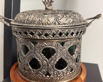 Vintage Qajar-style silverplate biscuit box, Emerald Green, Tongs included