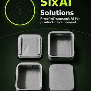 May include: Image features four gray, rectangular containers with textured surfaces. The top text reads "SixAI Solutions" with the tagline "Proof-of-concept AI for product development." A green circular graphic is in the upper left corner.