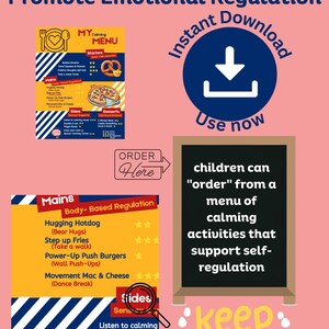 May include: An interactive calming menu chart with sections for starters, mains, sides, and desserts featuring food-themed activities for emotional regulation. Includes a dark blue download icon, a chalkboard graphic, and the text keep CALM.