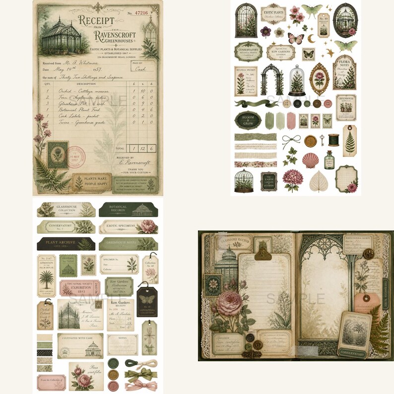 May include: A collection of vintage-style botanical ephemera including a receipt from Ravenscroft Greenhouses, various stickers featuring greenhouses, ferns, flowers, butterflies, and labels, and a journal page layout with decorative paper elements.