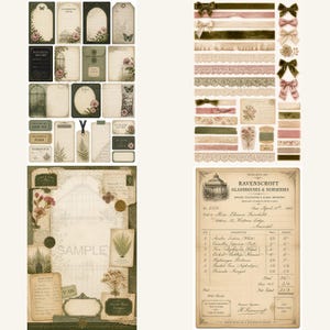 May include: A collection of vintage-style paper ephemera, including botanical-themed tags, labels, and journaling cards with floral and greenhouse illustrations, alongside decorative ribbons, lace strips, and a detailed nursery invoice document.