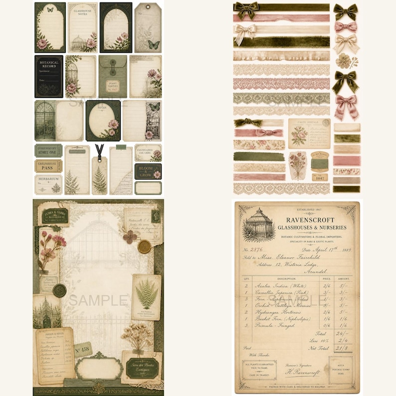 May include: A collection of vintage-style paper ephemera, including botanical-themed tags, labels, and journaling cards with floral and greenhouse illustrations, alongside decorative ribbons, lace strips, and a detailed nursery invoice document.