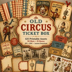 以下が含まれることがあります： OLD CIRCUS TICKET BOXと書かれた中央の看板を特徴とする、ヴィンテージサーカスをテーマにした印刷可能な素材のコレクション。セットには、ピエロ、リングマスター、象、アクロバットのイラストや、ADMIT ONEと書かれたチケットが含まれています。