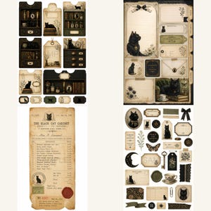 May include: A collection of vintage-style paper ephemera featuring black cat illustrations, ornate labels, tags, and ledger pages. The set includes decorative shelves, floral motifs, teacups, and antique-inspired stationery with aged paper textures.
