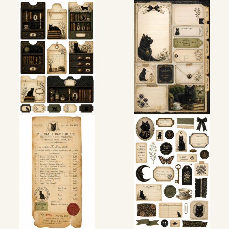 May include: A collection of vintage-style paper ephemera featuring black cat illustrations, ornate labels, tags, and ledger pages. The set includes decorative shelves, floral motifs, teacups, and antique-inspired stationery with aged paper textures.