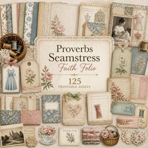 May include: A collection of printable paper craft assets titled Proverbs Seamstress Faith Folio, featuring 125 items including vintage-style tags, floral patterned cards, lined stationery, lace accents, and a small woven basket with thread spools.