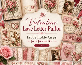 Valentine junk journal, Kit, valentine day, valentine ephemera, Valentine Love Letter Parlor
