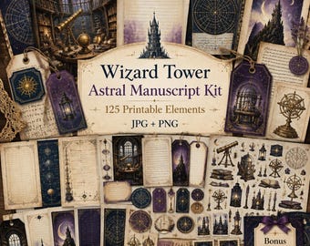 Wizard junk journal, Kit, wizard clipart, wizard journal, Wizard Tower Astral Manuscript Kit