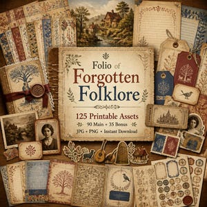 May include: A collection of vintage-style paper ephemera titled Folio of Forgotten Folklore, featuring 125 printable assets including illustrated cards, tags, stamps, and stationery with botanical, landscape, and folk art motifs in muted tones.