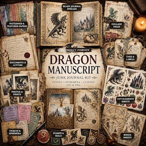 May include: A selection of vintage-style paper ephemera for junk journaling. Includes patterned papers, ready journal spreads, collage pages, tags, labels, cut elements sheets, tickets, stamps, and bonus sheets. The kit is titled "Dragon Manuscript."