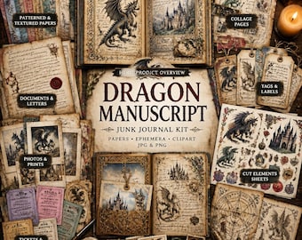Zestaw do dziennika ze śmietnikiem Dragon Manuscript Junk, efemerydy fantasy ze średniowiecza, papiery gotyckie, strony do dziennika do druku, wiedza o smokach