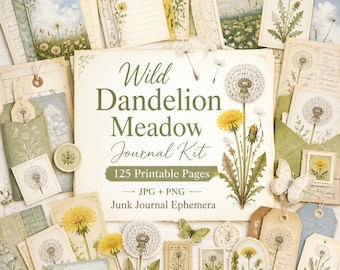 Dandelion junk journal, Kit, dandelion journal, dandelion print, Wild Dandelion Meadow Journal Kit