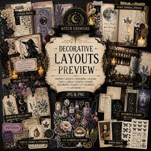 May include: A digital collage kit with a witchy theme. The image features layered papers, decorative tags, tickets, stamps, and cut elements. The color palette includes purple, black, and cream tones. Text includes "Witch Grimoire Collection" and "Decorative Layouts Preview."