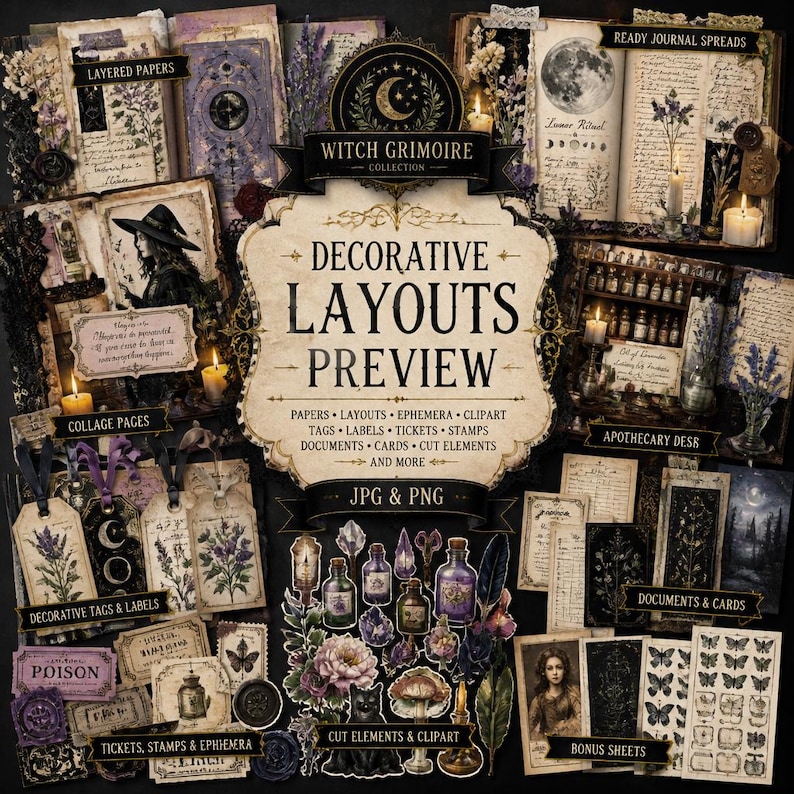 May include: A digital collage kit with a witchy theme. The image features layered papers, decorative tags, tickets, stamps, and cut elements. The color palette includes purple, black, and cream tones. Text includes "Witch Grimoire Collection" and "Decorative Layouts Preview."