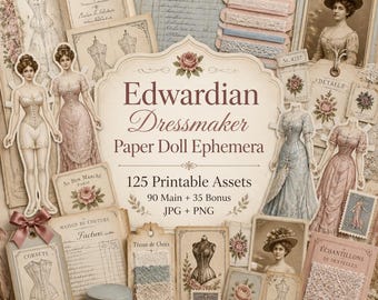 Materiale effimero per bambole di carta, Kit, diario di oggetti usati con bambole di carta, bambole di carta vintage, Materiale effimero per bambole di carta da sarta edoardiana