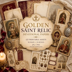 May include: A collection of printable papers featuring religious imagery, including portraits of saints, ornate crosses, and architectural sketches in gold, cream, and deep red tones. The central label reads GOLDEN SAINT RELIC DEVOTIONAL PAPERS.