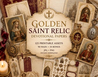 Saint junk journal, Kit, saint ephemera, devotional printable, Golden Saint Relic Devotional Papers