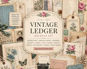 Vintage Ledger Junk Journal Papiere Druckbare antike Buchhaltung Ephemera Schreibseiten Büro Collage Kit